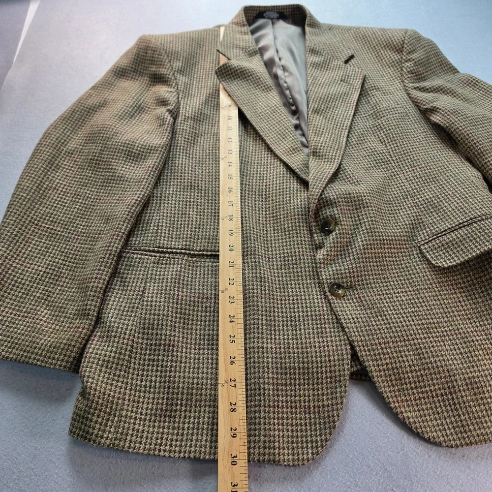 Haggar Clothing Co Mens 44S Houndstooth Wool Silk Blend Blazer Sport Coat Brown